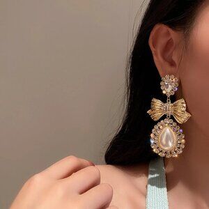 Luxury Pink Rhinestone Bowknot Drop Earrings
